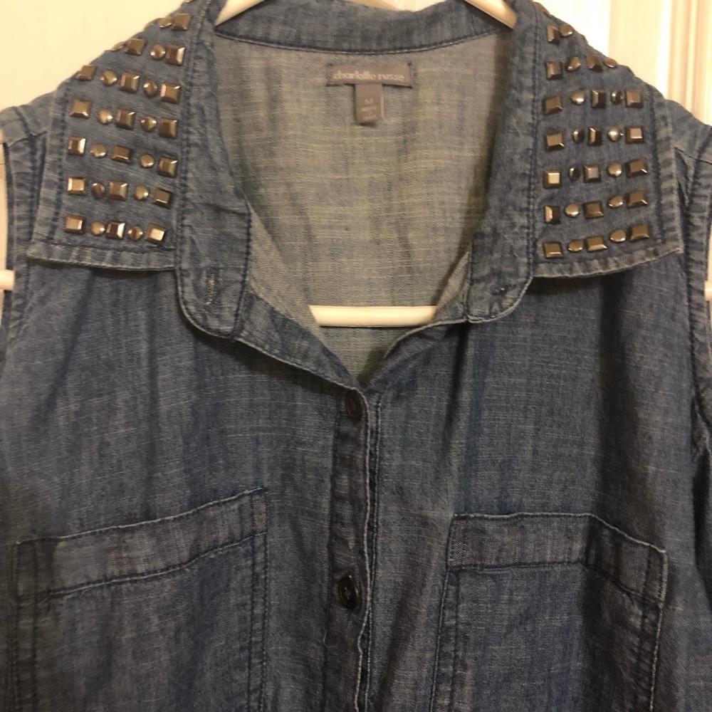 Denim studded collar button down cold shoulder top